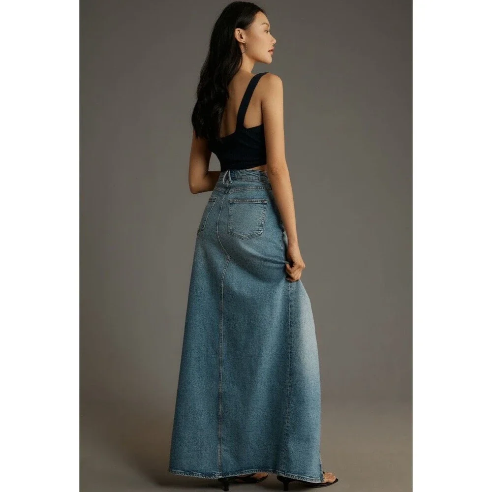 Good American Good Denim Maxi Skirt Women Blue Ease Vacay Retro Boho Size 12 NWT